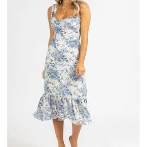 L’Abeye blue toile french floral shoulder tie strap midi dress